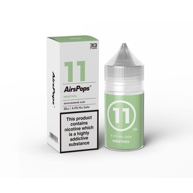 AirPops 30ml 4% Nic Salts Bottle next to its box Menthol Flavour