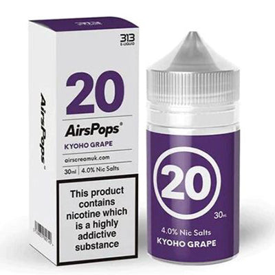 AirPops 30ml 4% Nic Salts Bottle next to its box Kyoho Grape Flavour