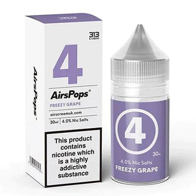 AirPops 30ml 4% Nic Salts Bottle next to its box Freezy Grape Flavour