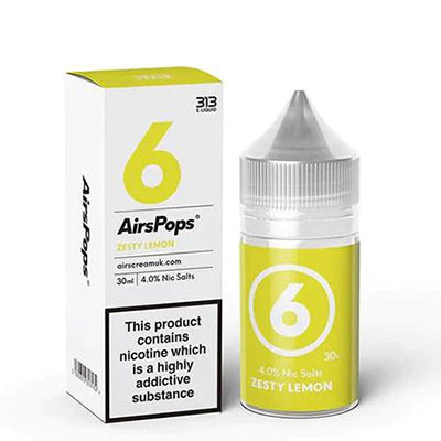 AirPops 30ml 4% Nic Salts Bottle next to its box Zesty Lemon Flavour