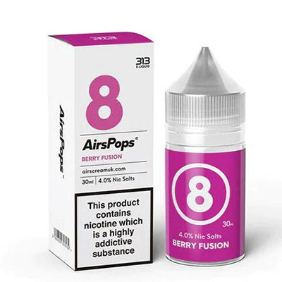 AirPops 30ml 4% Nic Salts Bottle next to its box Berry Fusion Flavour