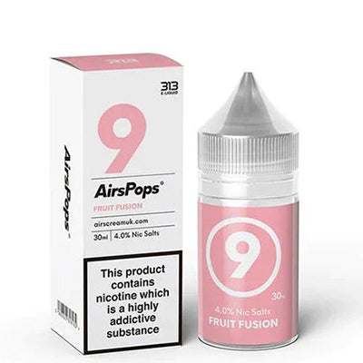 AirPops 30ml 4% Nic Salts Bottle next to its box Fruit Fusion Flavour